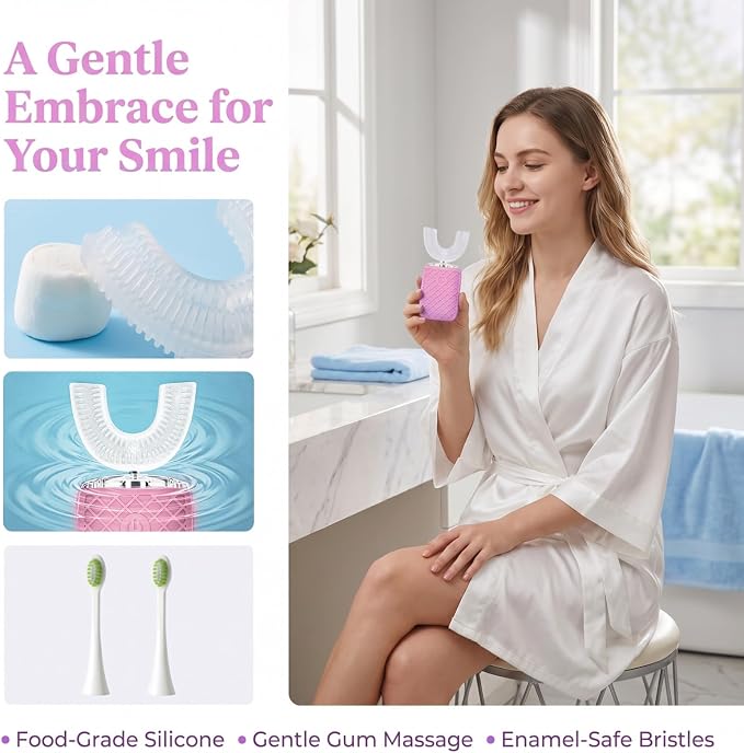 Sonic Electric U Shaped Toothbrush for Adults, Automatic Full Mouth Cleaning Toothbrush, 360° Stain Removal, IPX7 Waterproof Rechargeable, 3 U-Shape & 2 Straight Brush Heads (Pink)