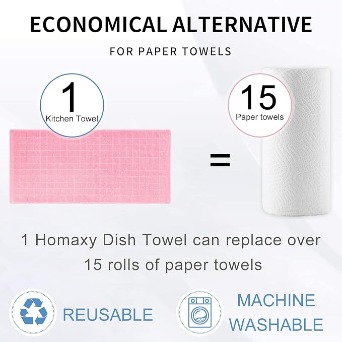 Homaxy Kitchen Towels and Dishcloths Set, 12 x 12 and 13 x 28 Inches, Set of 12 Bulk Cotton Terry Kitchen Towels Set, Checkered Designed, Soft and Super Absorbent Dish Towels, Pink