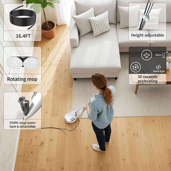 PUREBEAR Steam Mop Cleaner For Home With 4 Replacement Pads, 3 Adjustable Steam Setting, MultiPurpose Handheld Steamer Cleaning for Hardwood Floors, Clothes,Windows,Tiles, Grout (White)