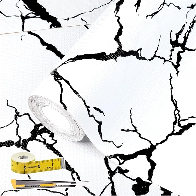 2-Layer Drawer and Shelf Liner for Kitchen Cabinet: 17 in X 30 Ft Non Slip Waterproof Shelf Paper Non Adhesive Refrigerator Liners White/Black Marble Easy Liners for Bathroom with Knife Tape Measure