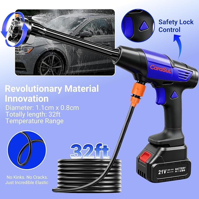 Cordless Portable Car Washer, 1200 PSI Max Power Washer with 21V 4.0Ah Large Capacity Battery, Lightweight Car Pressure Washer with Safety Lock, Storage Case & 6-in-1 Nozzle for Car/Garden/Home/Patio