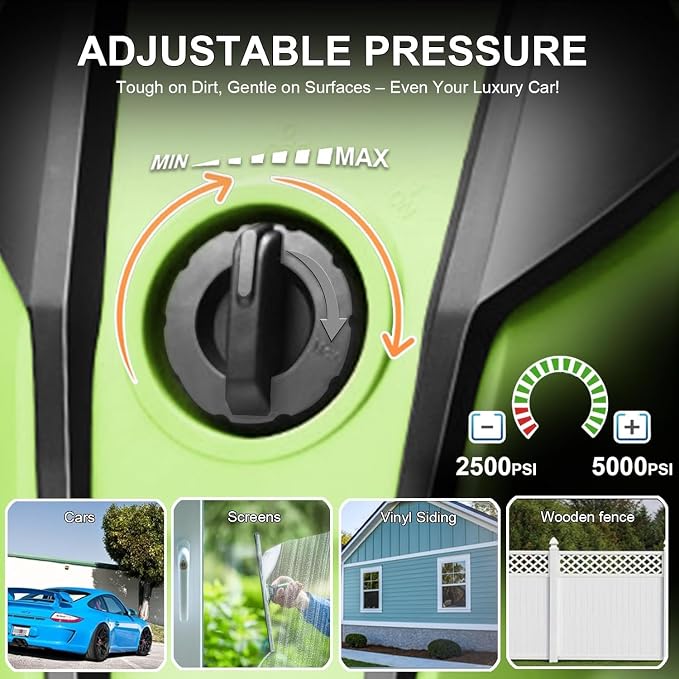 Electric Pressure Washer 5000PSI Adjustable Max 4.0GPM with 33FT Flexible Extension Hose, 4 Nozzles, Foam Cannon, Power Washer Powered for Cars, Patios, Driveways, Green