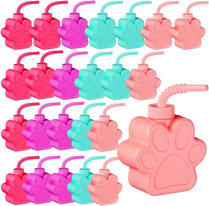 Sratte 24 Pieces 10 oz Dog Paw Cups for with Straw and Lid Dog Theme Birthday party Plastic Puppy Paw Print Drinking Cups for Pet Theme Party Supplies Decorations
