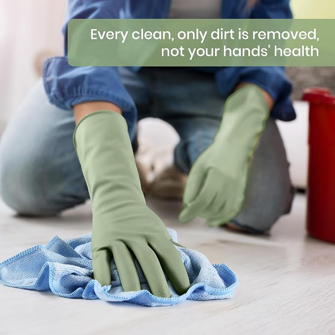 Rubber Cleaning Gloves for Dishwashing, 4 Pairs Reusable Kitchen Gloves for Washing Dishes and Household Cleaning, Green Dish Gloves with Flocked Lining and Non-Slip Grip, Pefect for Woman Men - S
