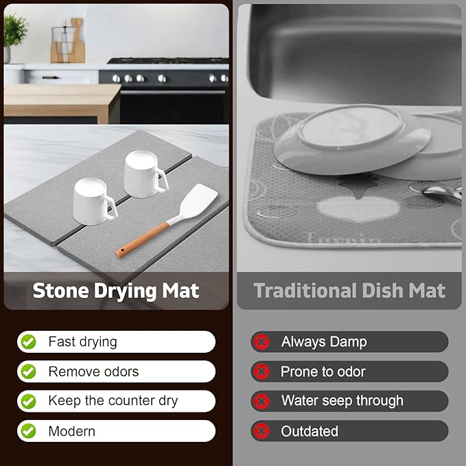 Large Stone Dish Drying Mat for Kitchen Counter, Dish Drying Mat, Fast Water-Absorbing, Diatomaceous Earth Non-Slip Stone Mat, Multi-Purpose Foldable Dish Drying Stone Mat, 24"(L)×16"(W)