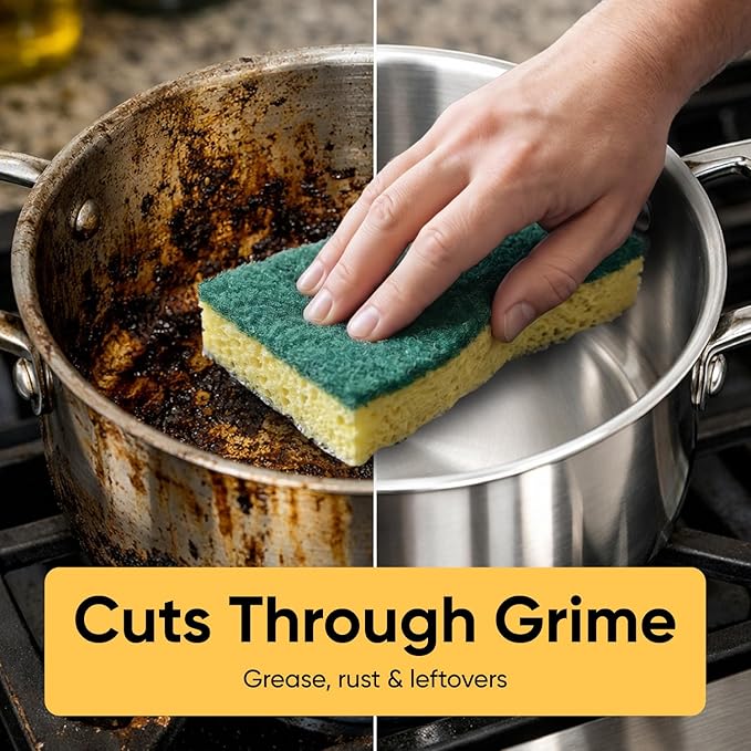 Scrubee Heavy Duty Scrub Large Sponge with Scouring Pad, Kitchen Dishwashing, Sink, Pot and Frying Pan Cellulose Scrubber Sponge Non Scratch. By Superio… (6" Sponge)