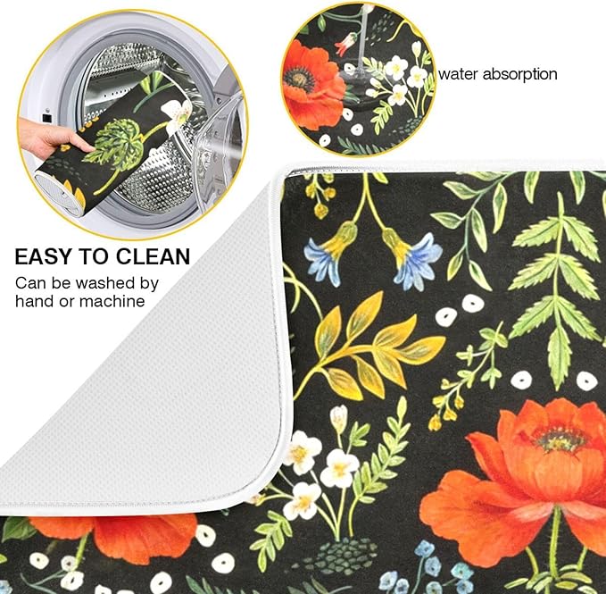 Colorful Floral Large Dish Mat Absorbent Drying Mats for Countertop 18 x 24 Inches Kitchen Dry Mat for Dishes