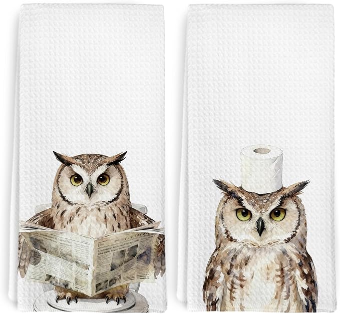 Funny Owl Hand Towels for Bathroom Washroom, Owl Lovers Gifts Dish Tea Towels for Kitchen Cabin Lodge Nursery Decor, Cute Wild Animal Bird Owls Decorative Hand Towels Set of 2, 16x24 Inch