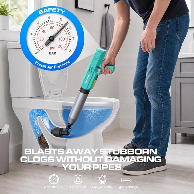 ‌Electric Toilet Plunger for Bathroom, High-Pressure Air Plunger, Heavy-Duty Clog Remover for Toilets, Toilet Drain Unclogger (Mint Green)