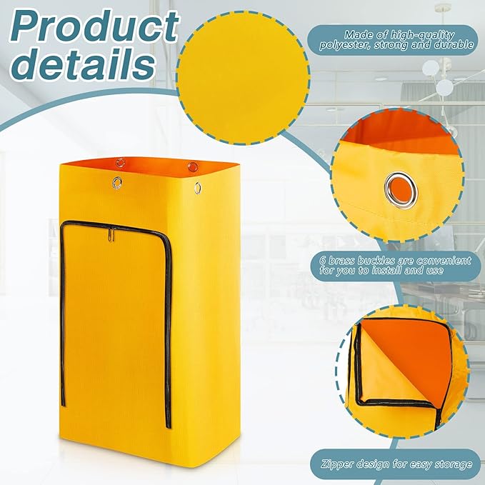 Meanplan 2 Pack Cleaning Cart Bag Zippered Front Replacement Janitorial Cart Thick Bag Large Capacity Commercial Cleaning Bags for Housekeeping Carts, Yellow (26.5 x 15.5 x 10.5 Inch)