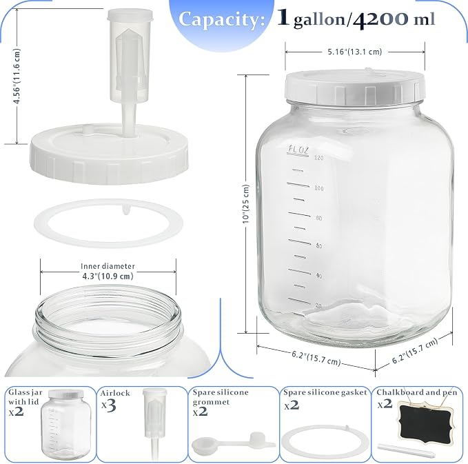 Folinstall 2 Pack 1 Gallon Large Fermentation Jars w 2 SCREW Lid and 3 Airlock - 100% Airtight Lid, Wide Mouth Glass Jar, Pickle Jar w Scale Mark for Sourdough Starter