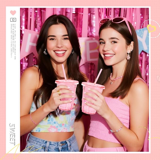 100 Set Pink Plastic Cups with Lids and Straws 12 oz Disposable Drinking Clear Cups for Wedding Pink Birthday Party Supplies