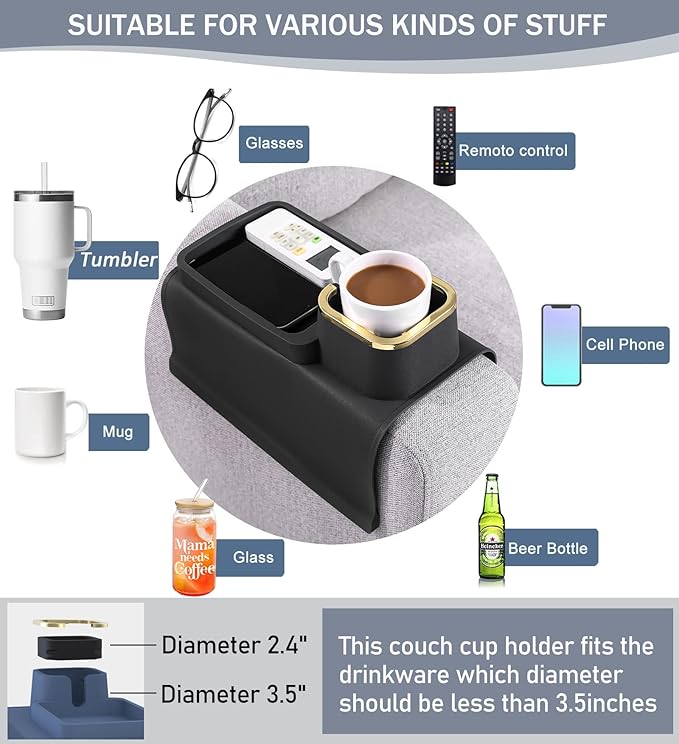 HMASYO Couch Cup Holder Tray - Silicone Sofa Armrest Table Couch Drink Holder and Tray Organizer for Remote Snacks Cellphone, Anti-Spill Anti-Slip Design, Gifts for Family Mom Dad Grandma