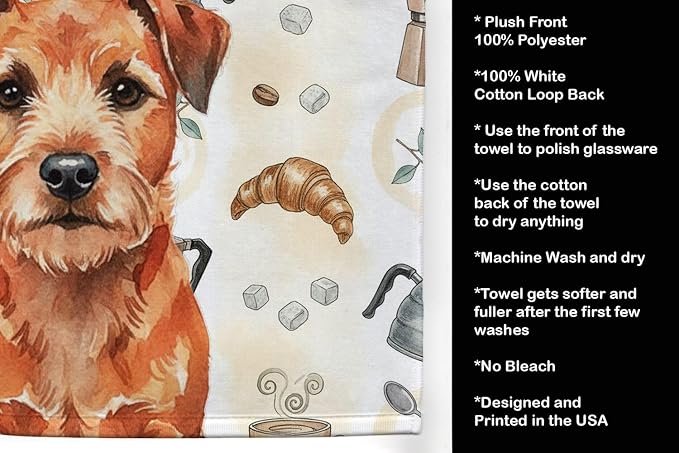Caroline's Treasures Red Border Terrier Coffee Bar Kitchen Towel Velour Plush Front and Cotton Loop Back Machine Washable