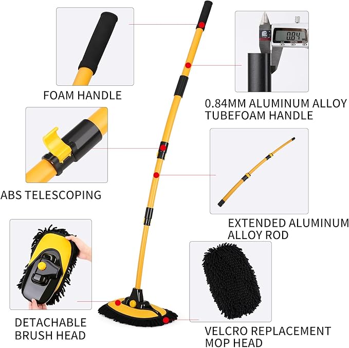 57'' Car Wash Brush with Long Handle Chenille Microfiber Car Wash Kit, Mitt Retractable Bent Pole Car Wash Brush for Cars RV Truck Boat (Light Yellow)
