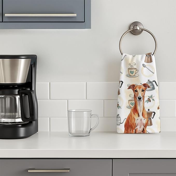 Caroline's Treasures Red Whippet Coffee Bar Kitchen Towel Velour Plush Front and Cotton Loop Back Machine Washable