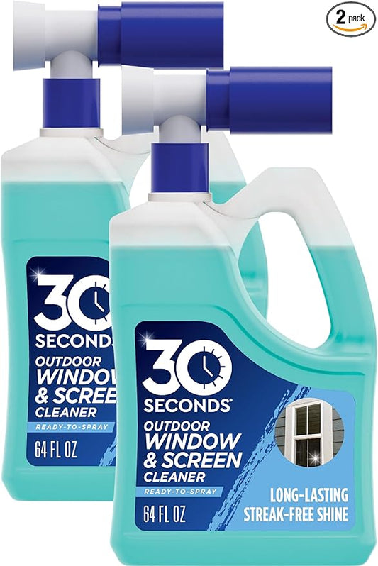 30 SECONDS Outdoor Window & Screen Concentrated Cleaner for Glass, Patio Doors, Fiberglass, Furniture - No Screen Removal Required, Spray & Rinse - Hose End Spray Attachment (2 PACK)