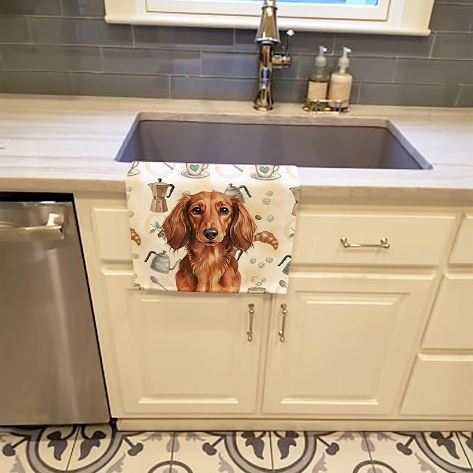 Caroline's Treasures Longhaired Red Dachshund Coffee Bar Kitchen Towel Velour Plush Front and Cotton Loop Back Machine Washable