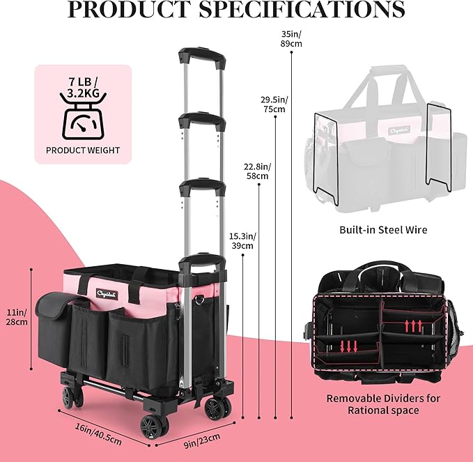 Chyaidach Rolling Cleaning Caddy, Cleaning Supplies Organizer with Trolley, Wearable Cleaning Tote Bag on Wheels with Hard Bottom, Cleaning Carts for Housekeepers/Home/Car/Office/Picnic (Pink)