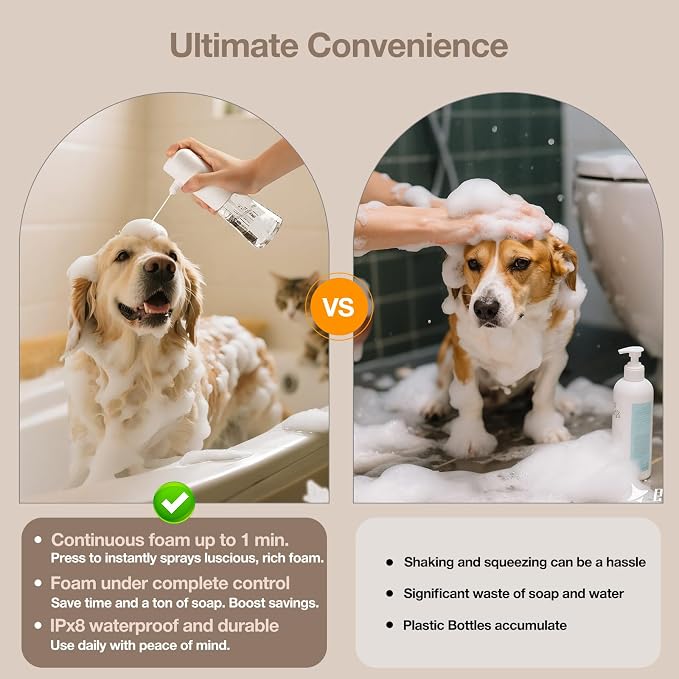 Electric Dog Cleaning Foam Machine Sprayer,Rechargable Soap Dispenser for Dog 1100mAh Ultra Long Standby, IPX8 Waterproof, 230mL Capacity, Deep Cleaning Pet Fur, for Bathroom Kitchen Cat(White 2 PCS)
