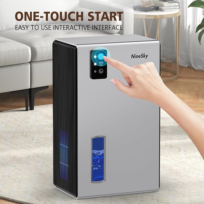 NineSky Dehumidifier, 1000 sq.ft Dehumidifiers for Home with 95oz Large Water Tank,Quiet Dehumidifier with 7-Color Ambient Light & Auto Shut Off, Dehumidifier for Basement, Bedroom, Bathroom (Silver)