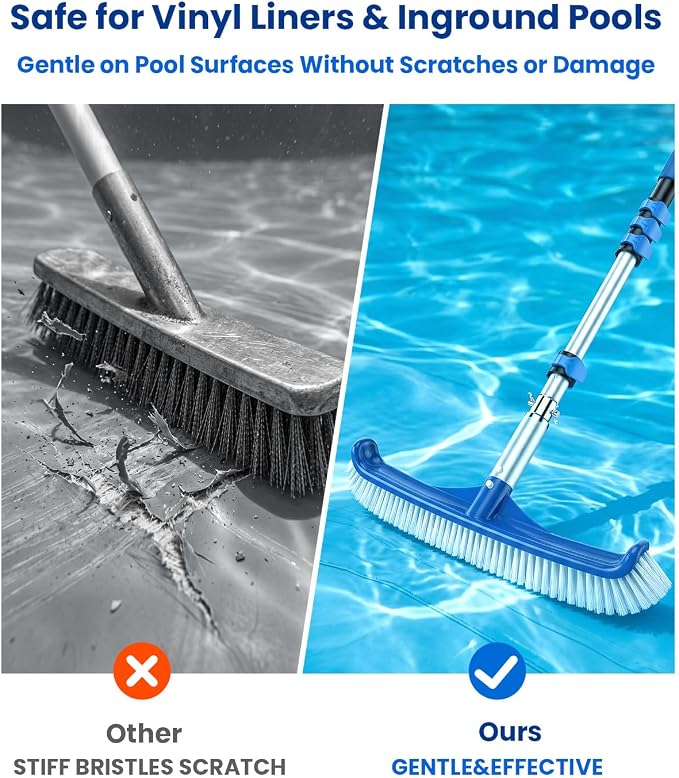 Pool Brush with Pole, 4-16 ft Telescopic Pool Pole, Heavy Duty Aluminum Pool Cleaning Brush Head, Pool Scrubber for Walls, Tiles & Floors, Fits Skimmer Net & Pool Accessories