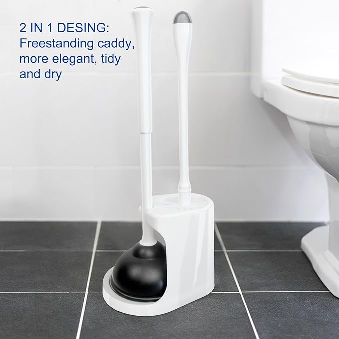 CELOX 2 Set Toilet Brush and Plunger Set, Toilet Brush and Holder Set, Toilet Bowl Brush and Holder, White