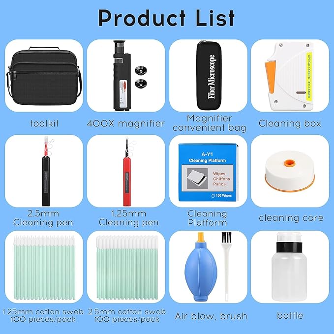 13 Piece kit Fiber Optic Cleaning Tool kit with 400x Optical Fiber Microscope Cleaner SC LC Cleaning Pen 2.5mm 1.25mm Interface Cleaning Box with Replace core Fiber Optic Cleaner kit