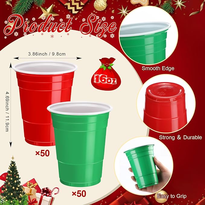 100 Pcs 16 Oz Christmas Plastic Cups Red and Green Disposable Shot Cups Bulk Holiday Christmas Party Cup Shot Glasses for Drinking Beverage Xmas Winter Party Supplies Camping Picnic Birthday