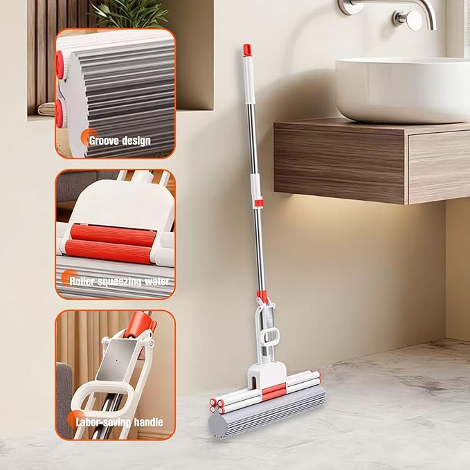 Sponge Mop PVA Mop Thickened Stainless Steel No-Swivel Design for Deep Cleaning Includes 1 Frame and 2 Extra Refill Heads Suitable for Tiles Floors Bathrooms and Home Use 15 Inch