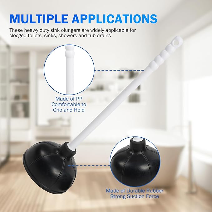 Force Suction Cup Rubber Toilet Plunger with PP Handle, Toilet Bowl Plunger Heavy Duty Pump Clogged Solution for Bathroom Stores Restaurants Strong Sink to Fix Clogged Toilets Drains Sinks (2)