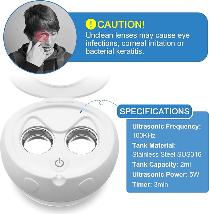Ultrasonic Contact Lens Cleaner Rechargeable Eye Contact Cleaner with Vanity Mirror Compact Contact Lens Cleaner Support Fast Cleaning Fits Hard, RGP, Orthokeratology Lens