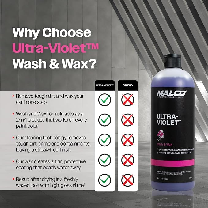 Malco Ultra Violet Premium Wash'n Wax – Best 2-in-1 Car Wash and Wax/Cleans and Provides A Durable, High-Gloss Shine in One Fast and Easy Step / 64Oz. (107164)