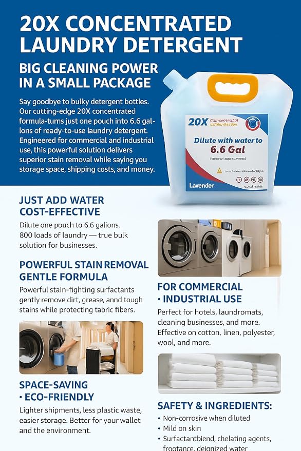 Commercial Bulk Laundry Detergent Refill, 20X Concentrated | Makes 6.6 Gallons (800 Loads), Heavy-Duty Stain Removal, HE Compatible, Lowest Cost per Load