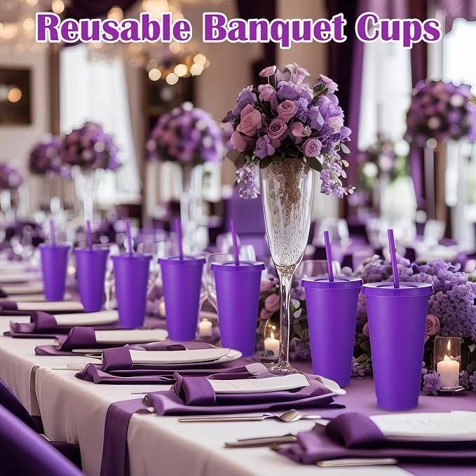 Honeydak 60 Pack Tumbler with Straw and Lid Bulk Cups for Gifts Water Bottle Iced Coffee Travel Mug Cup Reusable Plastic Tumblers for Party Birthdays 24-27 oz (Purple Color)