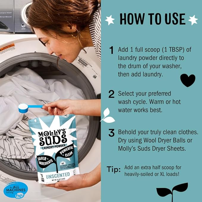 Molly's Suds Original Laundry Detergent Powder Unscented 70 load, Oxygen Whitener 41 oz, and (6) Wool Dryer Balls