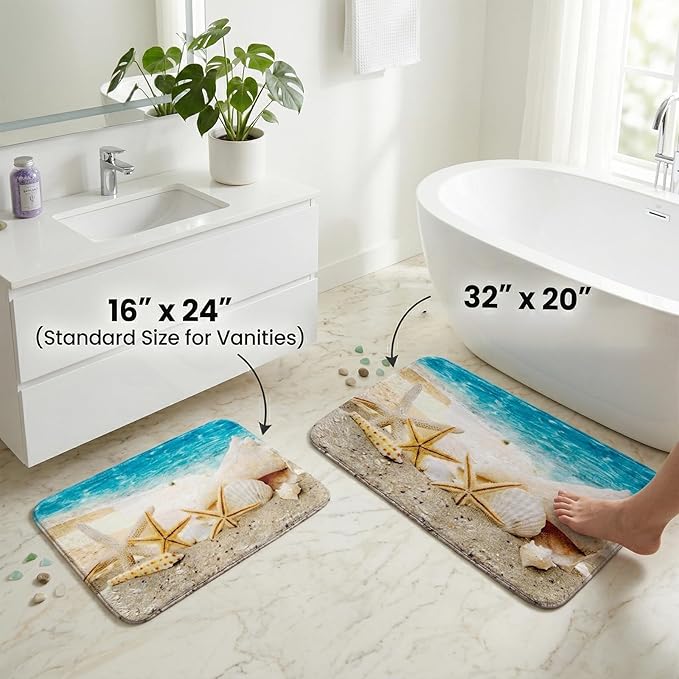 WODEJIA Non Slip Bath Rugs Sponge Foam for Bathroom,Soft Flannel Mat Rug for Living Room, Absorbent Water Clearance MatS for Forlaundry Room and Kitchen,Ocean Beach Themed Carpt 24x16 Inches