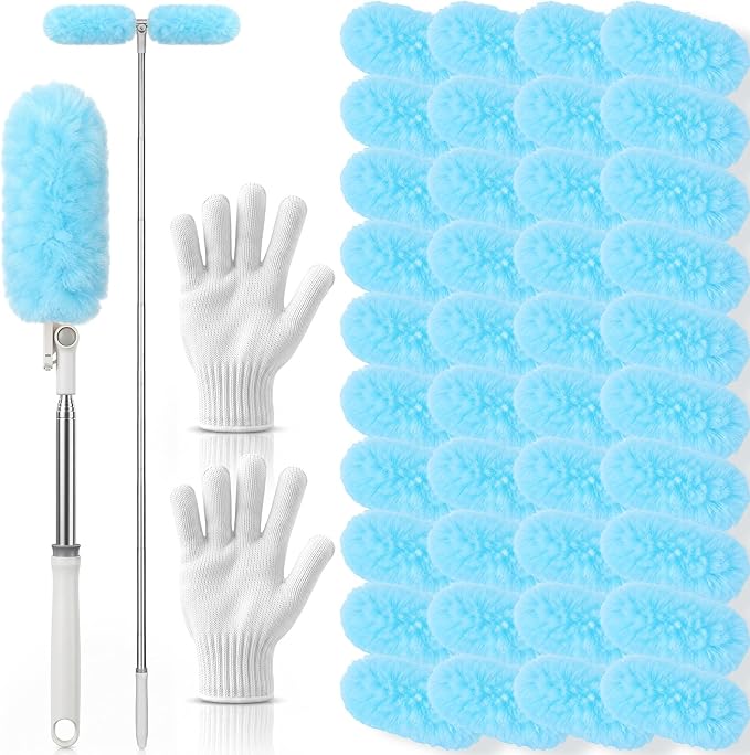 6 ft Extendable Duster Handle with 40 Refills and 1 Pair of Gloves Compatible with Swiffer Duster 360° Heavy Duty Microfiber Dusters Kit for Cleaning High Ceilings and Fans, Vents(Blue)