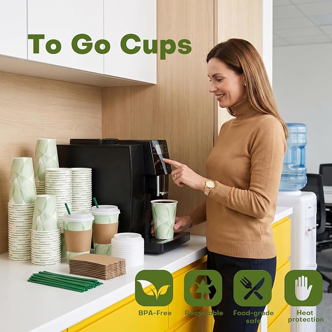 Plant-Based PLA Lined Disposable Coffee Cups with Lids, Straws & Sleeves, Compostable Cups Set, Eco-Friendly for Hot/Cold Drinks, Party, Travel, Office (12 oz 50 Count)