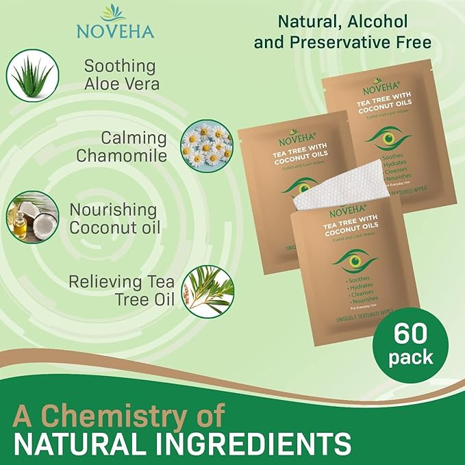 NOVEHA 60PCs Tea Tree & Coconut Oil Eyelid & Lash Wipes - For Demodex, Blepharitis & Itchy Eyes, Individually Wrapped Eyelash Wipes With Aloe Vera, Natural Makeup Remover & Daily Eye Cleanser