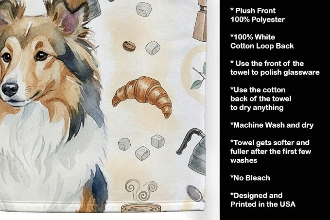 Caroline's Treasures Sable Sheltie Coffee Bar Kitchen Towel Velour Plush Front and Cotton Loop Back Machine Washable