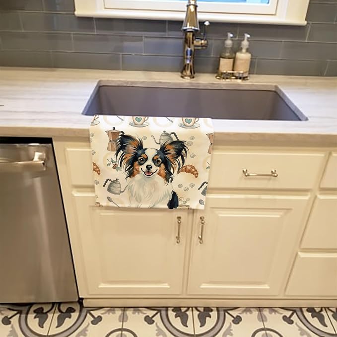 Caroline's Treasures Tricoilor Papillon Coffee Bar Kitchen Towel Velour Plush Front and Cotton Loop Back Machine Washable