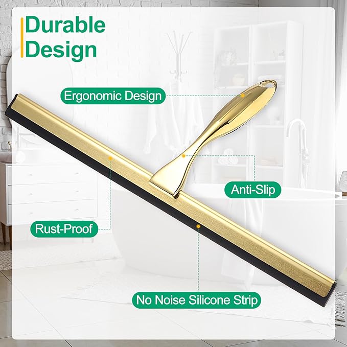 uxcell 14 Inch Shower Squeegee for Glass Doors, Stainless Steel All-Purpose Bath Squeegee with Hooks Holder Square Sticky Hook for Bathroom Window Mirror Car Glass, Gold