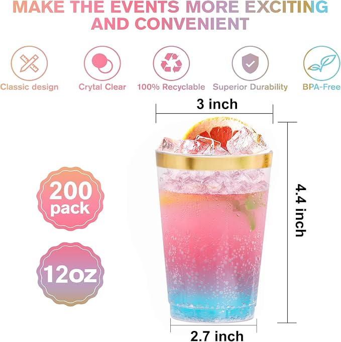supernal 200 Pack 12oz Clear Plastic Cups with Gold Rim - Heavy Duty Elegant Disposable Party Cups, Premium Fancy Drinking Tumblers for Weddings, 2026 Graduations & Cocktail Hours