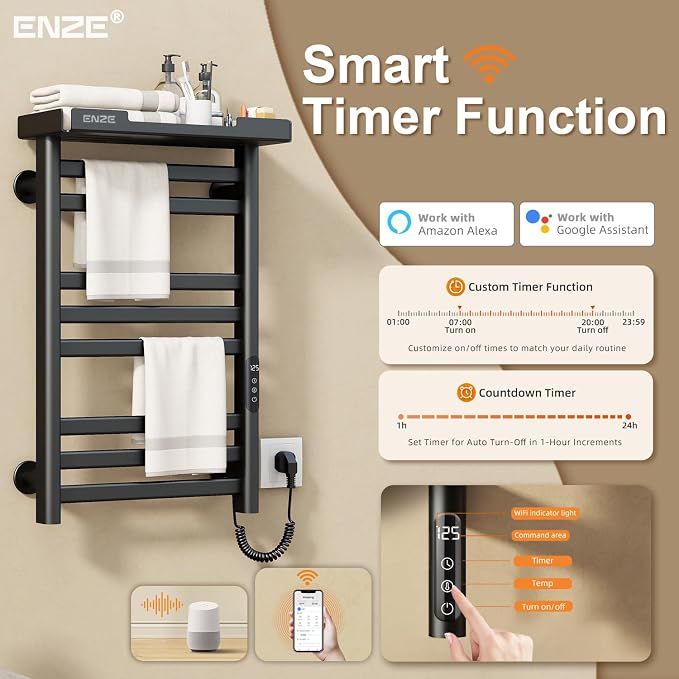 ENZE Smart Heated Towel Rack, 8-Bar Wall-Mounted Electric Towel Warmer with Shelf, Wi-Fi App Control, Adjustable Temperature & 24H Timer, Low Carbon Steel, IPX5, Plug-in/Hardwired, Matte Black