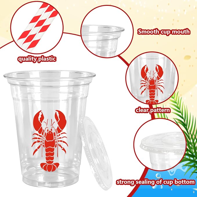 FYSUIMU 50Pcs 12 Oz Crawfish Plastic Cups with Lids & Straws Summer Crayfish Disposable Cup Red Lobster Clear Drinking Cups for Seafood Boil Theme Birthday Baby Shower Party Supplies