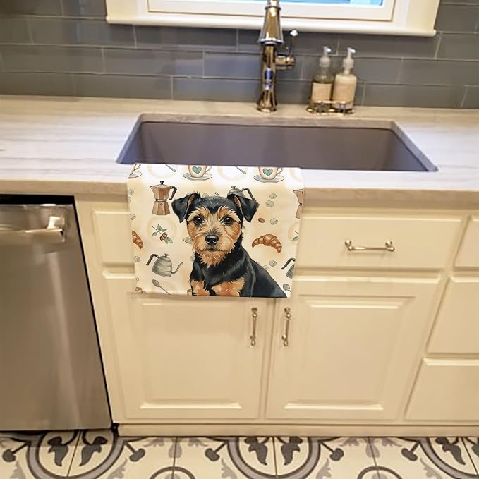 Caroline's Treasures Black and Tan Norfolk Terrier Coffee Bar Kitchen Towel Velour Plush Front and Cotton Loop Back Machine Washable
