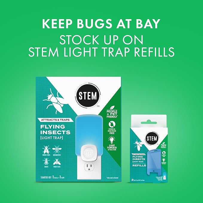 STEM Flying Insect Trap - Indoor Fruit Fly & Gnat Catcher for Home,Kitchen & Any Room,Attracts-& Traps Bugs,Soft Blue UV Light - Includes 1 Plug-in Device-& 1 Cartridge,(Pack of 4)