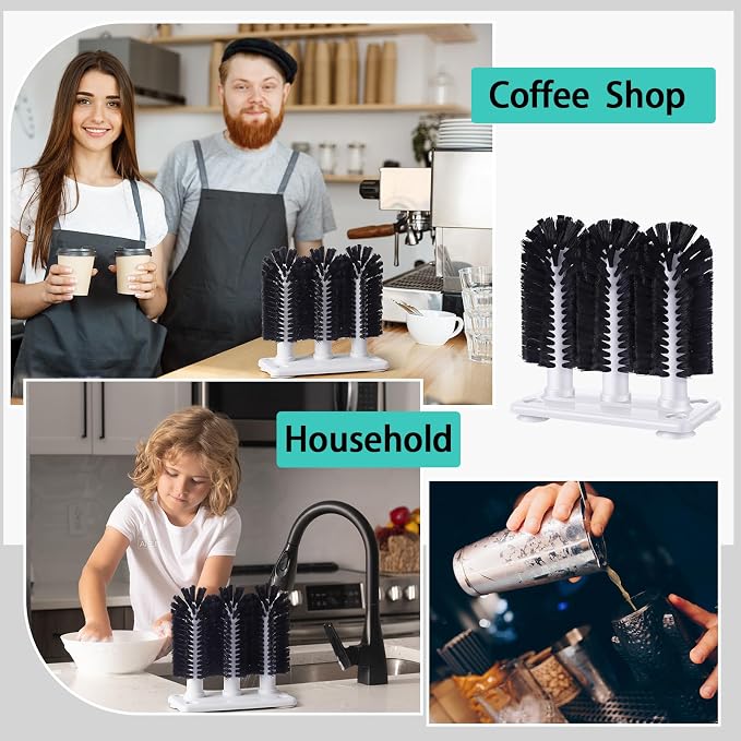 Havawish 2 Pack Water Bottle Cleaning Brush with Suction Base, 3 Head All Black Bristles Bar Glass Washer for Sink, Cup Washer Brush Cleaner for Bar Beer Cup, Wine Glass(7.3 x 3.4 x 7.5)