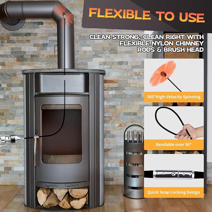 23 Feet Chimney Sweep Kit, Chimney Cleaning Kit with 7 Flexible Black Chimney Rods, Rotary Chimney Cleaning System Driven by Drill for Sweeping Fireplace, Chimney Cleaners with Strong Brush